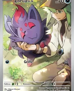 Pokémon card featuring Zorua with a trainer, Zorua has 70 HP and uses attack Griffe (20 damage).