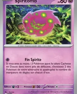 Pokémon Spiritomb card with purple border, 60 HP; pink Spiritomb glowing in a dark forest, card shows 'Fin Spirit' move with French description.