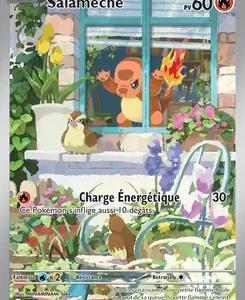 Charmander Pokémon card shows Charmander in a flowering window garden; attack 'Charge Énergétique' (30) — HP 60, Fire type.