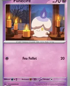 French Pokémon card Funécire, 70 HP; artwork shows Litwick in a candlelit room with candles and a window, attack Feu Follet 20.