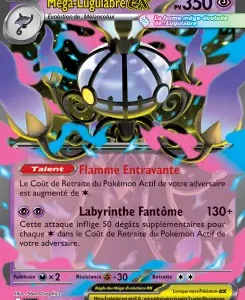 French Mega-Lugulabre EX Pokémon card with a glowing purple border and central dark creature, showing attacks Flamme Entravante and Labyrinthe Fantôme.