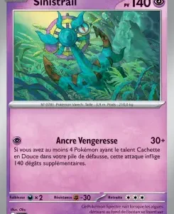 Carte Pokémon française Sinistrail, PV 140, illustration aquatique d'une créature bleue près des coraux; attaque Ancre Vengeresse 30+ dégâts