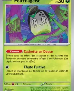 Poltchageist basic Pokémon card (HP 30) with a green border; shows a sleepy ghost-like Pokémon in purple swirls, with attacks Cachette en Douce and Chute Furtive.