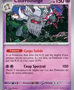 Pokémon trading card featuring Courroussage with 150 HP; illustration of a jagged stone monster in a dark forest; attacks listed in French (Coup Spectral and others).