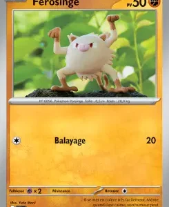 Base Pokémon card: Férosinge (HP 50) showing a pink furry Pokémon with raised fists on a sunny leafy background; attack Balayage 20.