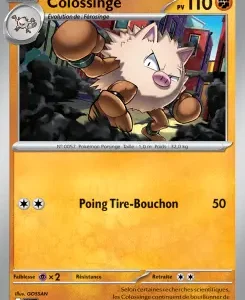 Pokémon card featuring Colossinge with 110 HP, orange border, and the attack Poing Tire-Bouchon (50).