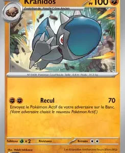 Kranidos Pokémon card showing 100 HP, with the move Reculer (70) and French card text about returning the opponent’s active Pokémon to the bench.