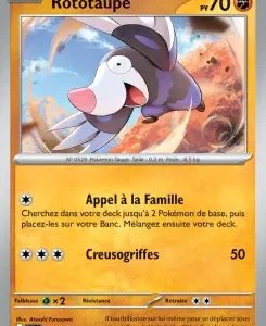 Pokémon trading card for Rototaupe with HP 70; artwork shows a mole-like Pokémon wearing a purple hat against a desert with dust storms; attacks are 'Appel à la Famille' and 'Creusogriffes' for 50 damage.