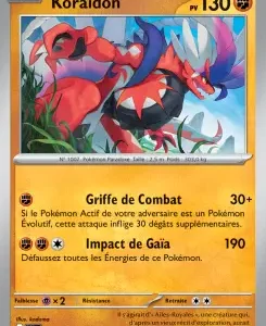Koraidon Pokémon card, HP 130, showing Griffe de Combat and Impact de Voie attacks, with French text.