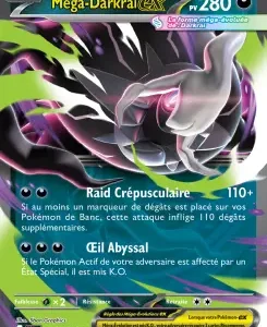 Trading card image: Mega-Darkrai EX Pokémon card, HP 280, dark type, shows a menacing multi‑tentacled dragon with purple highlights and two attacks: Raid Crépusculaire and Œil Abyssal.