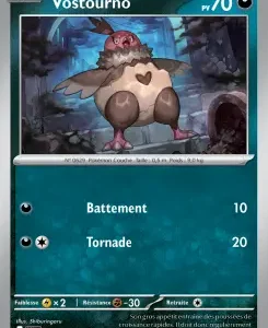 'Vostourno' trading card showing a brown bird in a snowy forest setting; HP 70, with attacks Battement (10) and Tornade (20).