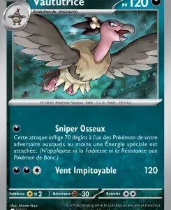 Carte Pokémon française montrant Vaututrice, un oiseau rose à ailes grises sur fond bleu-vert, 120 PV. Attaques: Sniper Oseux et Vent Impitoyable (120 dégâts).