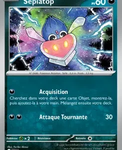 Carte Pokémon de base montrant un petit Pokémon bleu volant dans l'espace, portant un appareil rose et blanc; attaques Acquisition et Attaque Tournante, 60 PV.