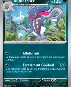 Carte Pokémon française Sépiatroce, Mega, 120 PV; illustration d’un Pokémon violet dans une forêt; attaques Afflelement et Écrasement Cérébral (130).