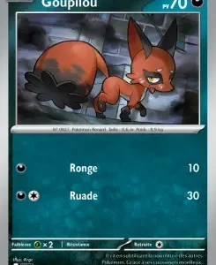 Goupilou Pokémon card: fox-like creature with 70 HP, in a teal border; attacks Ronge (10) and Ruade (30) shown on the card.