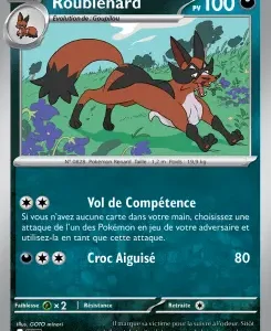 Pokémon card featuring a fox-like Roublenard leaping in a forest; 100 HP and the abilities Vol de Compétence and Croc Aguise (80).