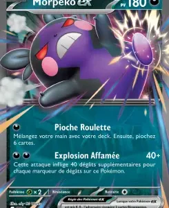 Morpeko EX Pokémon card, 180 HP, showing a purple Morpeko in action with electric effect; moves Pioche Roulette and Explosion Affamée; includes energy symbols and retreat cost.