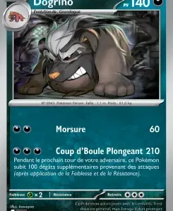 Pokémon card: Dogrino, water type, HP 140, snarling bulldog illustration; attacks Morsure (60) and Coup de Boule Plongeant (210).