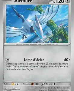 Pokémon trading card for Airmure, featuring a blue bird-like Pokémon and the attack Lame d’Acier (Steel Blade). HP 120 is shown at the top right.