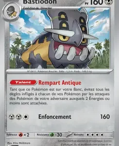 Bastiodon Pokémon card with 160 HP, foil finish, shown in a grassy background, featuring the abilities Rempart Antique and Enforcement with 160 damage.