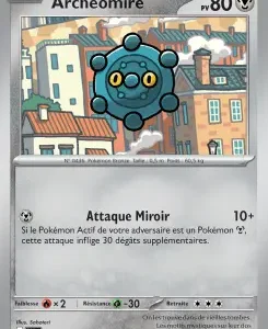 Pokémon trading card for Archéomire, HP 80, foil border; blue orb-like Pokémon floating over a town. Move: Attaque Miroir (Mirror Attack) 10+ damage with French effect text.