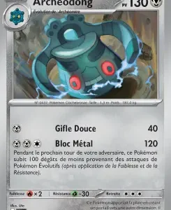 French Pokémon card Archéodong, HP 130, illustration of a teal aquatic creature with red spots; attacks Gifle Douce (40) and Bloc Métal (120).