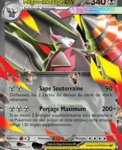 French Pokémon card: Mega-Minotaupe EX with HP 340, action-packed holographic artwork, showing two attacks—Sape Souterraine (90) and Perçage Maximum (200+)—and energy symbols around the card edge.