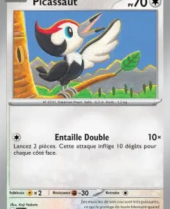Pokémon trading card image: Picassaut, HP 70, artwork shows a small white bird with a red crest perched on a branch in a sunny field; attacks include Entaille Double (flip two coins; this attack does 10 damage times the number of heads).