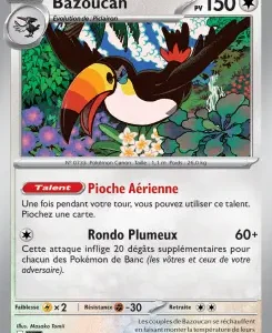 Bazoucan Pokémon card: 150 HP, colorful toucan in a jungle, with the French abilities Pioche Aérienne and Rondo Plumeu.