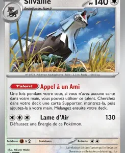 Carte Pokémon française de Silvallié: 140 PV, Silvallié dans une prairie; capacité 'Appel à un Ami' et attaque 'Lame d’Air' inflige 130 dégâts.