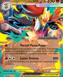 French Mega-Goupelin EX Pokémon card with 350 HP, fiery bird artwork, and two attacks: Portail Passe-Passe and Lueur Sinistre.