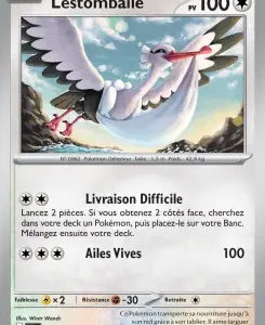 Pokémon card showing a white flying bird with outstretched wings, named Lestombaile, 100 HP, with two attacks listed on the card.