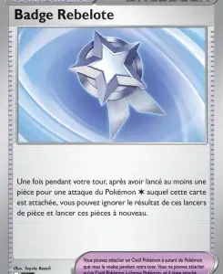 Pokémon Trainer card 'Badge Rebelo te' featuring a silver star badge on a blue swirled background.