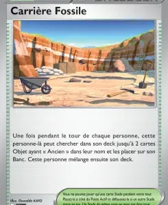 Carte 'Carrière Fossile' du jeu, illustration d'une carrière désertique avec brouette et structures de fouille et texte descriptif en français.