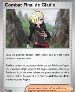 Pokémon trading card front titled 'Combat Final de Gladio' showing a blond trainer in a black outfit against rocky mountains in the background.