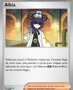 Pokémon TCG Supporter card 'Albia' with artwork of a purple-haired woman in a white cloak against an arched brick background.]','Pokémon card Albia (Supporter) showing a purple-haired trainer in white robes, in a brick-arched setting.