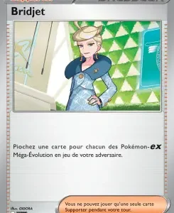 Supporter card Bridget from the French Pokémon TCG, showing a blonde trainer in blue with Mega Evolution text.