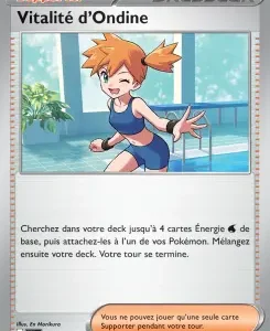 Carte Dresseur 'Vitalité d'Ondine' montrant une jeune fille en maillot bleu près d'une piscine; texte d'effet: cherchez jusqu'à 4 cartes Énergie et mélangez votre deck; vous ne pouvez jouer qu'une seule carte Supporter par tour.
