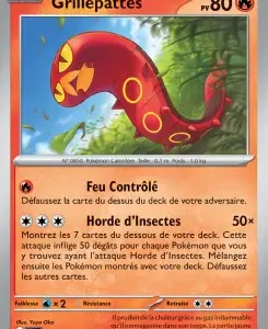 Grillepattes Pokémon card, HP 80, Fire type, red salamander illustration in a jungle scene with Feu Contrôlé and Horde d'Insects moves listed.