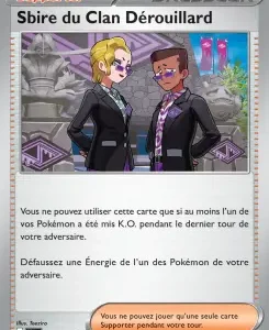 Two trainers in suits face off on a Pokémon Supporter card; banner reads 'Supporter Dresseur', with French rules text and an orange action button.
