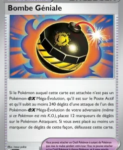 Carte Pokémon Dresseur intitulée Bombe Géniale, montrant une bombe noire et jaune en explosion entourée d’effets oranges et bleus.