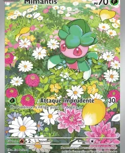 Pokémon card showing Mimantis in a flower field, surrounded by daisies and colorful blooms in a sunny meadow (HP 70).