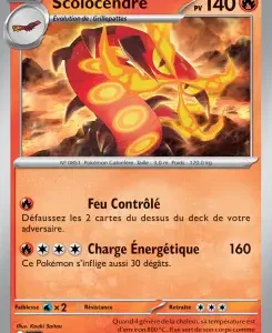 Solocendre fire-type Pokémon card with 140 HP; illustration of a lava dragon; moves Feu Contrôle and Charge Énergétique (160 damage).