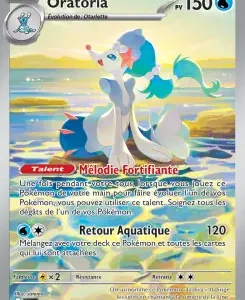 Oratoria Pokémon card: water-type dragon on a sunny beach, HP 150; attacks Mélodie Fortifiante and Retour Aquatique 120.
