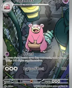 Trading card of Flagadoss, a pink bear-like Pokémon, in a cave, with HP 130 and two attacks listed.