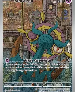 Trading card showing Sinistrail, a teal octopus-like Pokémon with a ship wheel in its center, in a tavern setting; HP 140.