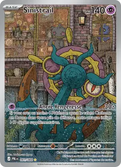 low94webp JM Cards Trading card showing Sinistrail a teal octopus like Pokémon with a ship wheel in its center in a tavern setting HP 140
