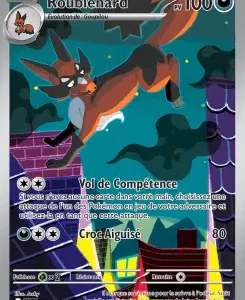 Pokémon card showing an orange and black fox-like Pokémon leaping through a colorful village at night; HP 100, moves Vol de Compétence and Croc Aiguise.