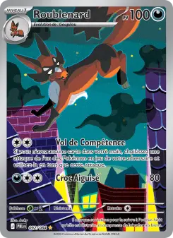 low95webp JM Cards Pokémon card showing an orange and black fox like Pokémon leaping through a colorful village at night HP 100 moves Vol de Compétence and Croc Aiguise