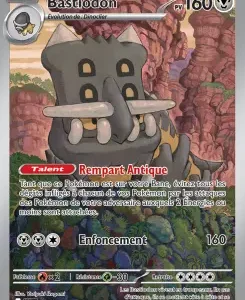 Bastiodon Pokémon card with 160 HP, French abilities, rocky canyon background, and attacks 'Enforcement' (160).